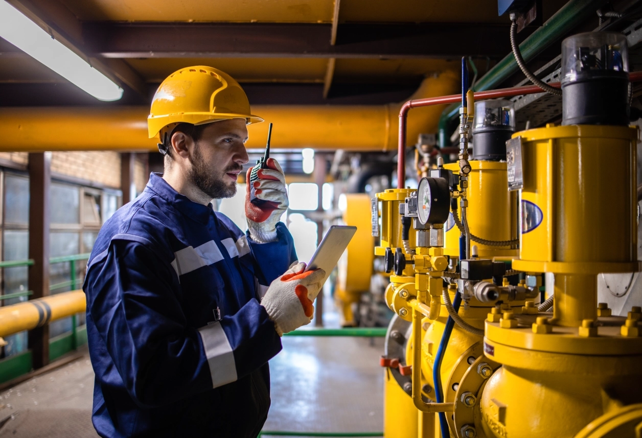 Engineer communicating in industrial facility.