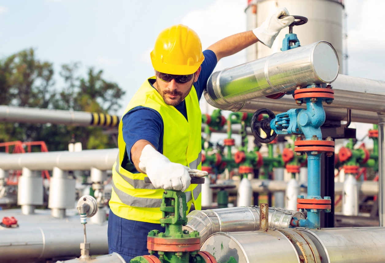 Worker adjusting valve at industrial site.