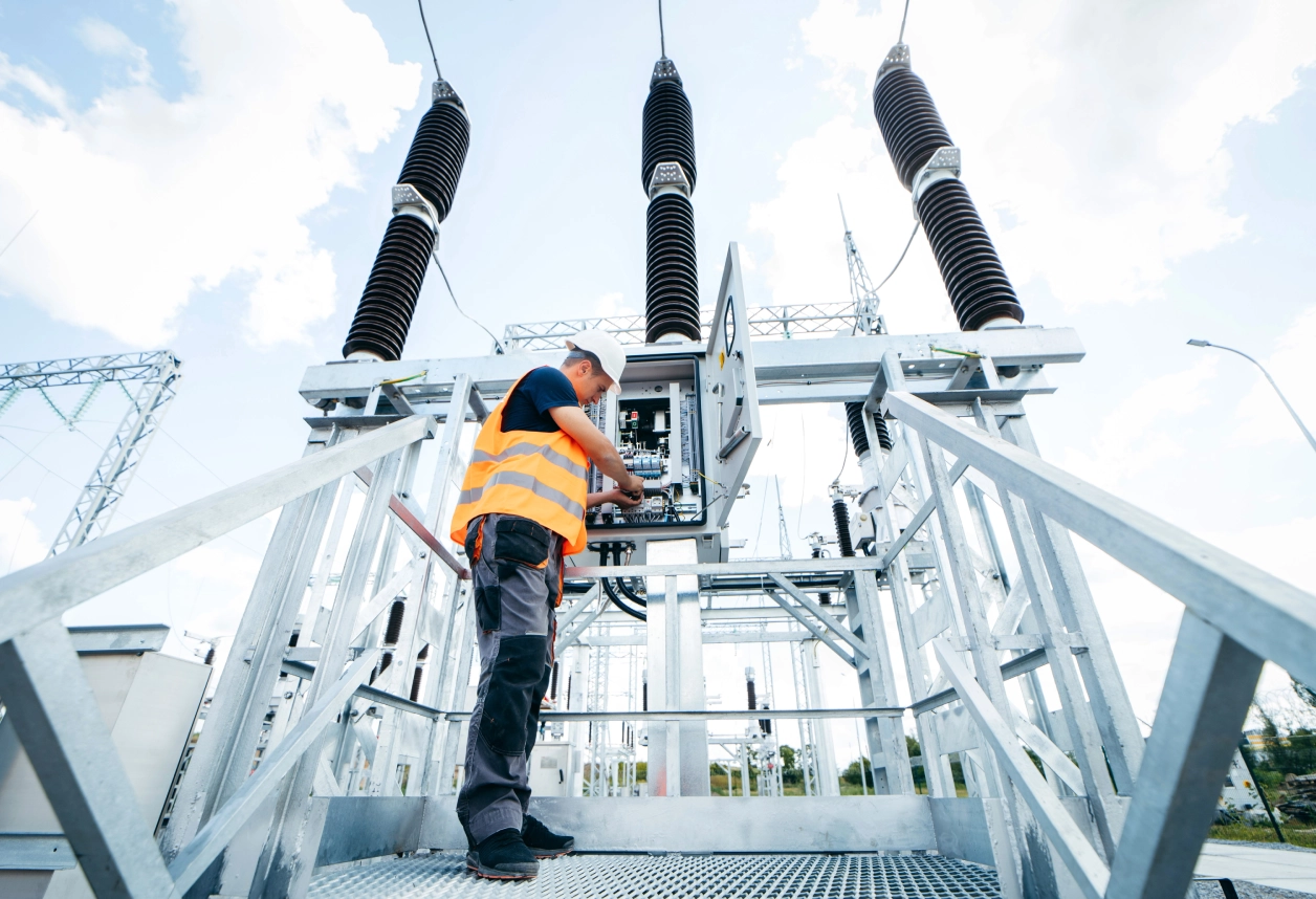 Worker inspecting electrical equipment at power station.
