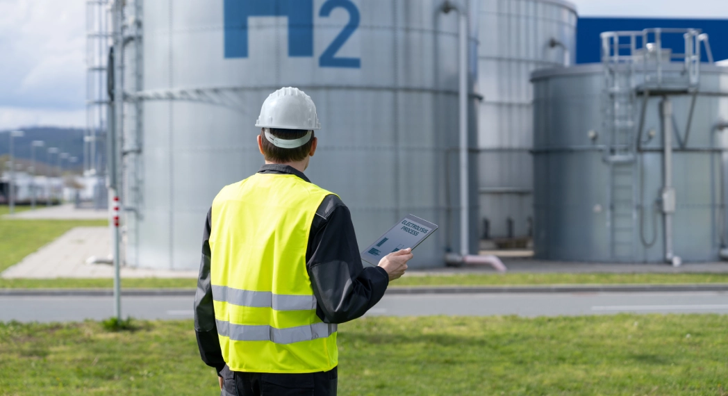 Worker inspecting hydrogen storage tanks outdoors.