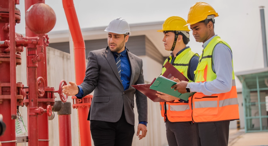 Engineers inspecting industrial pipes and equipment.
