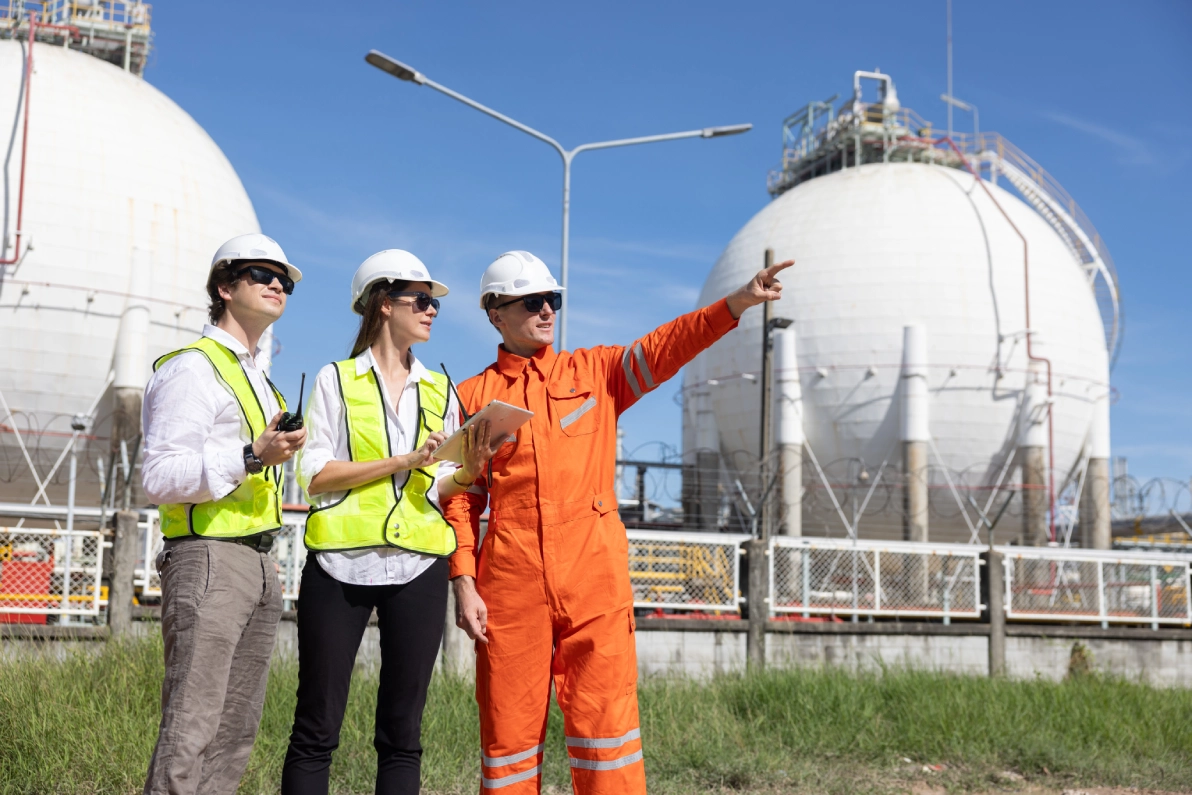 Engineers inspecting gas plant site outdoors.