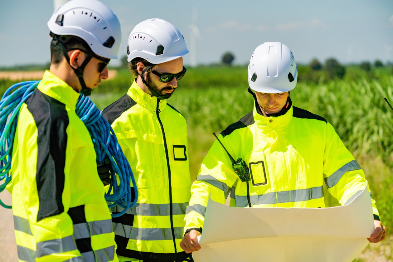 Construction workers reviewing plans outdoors.