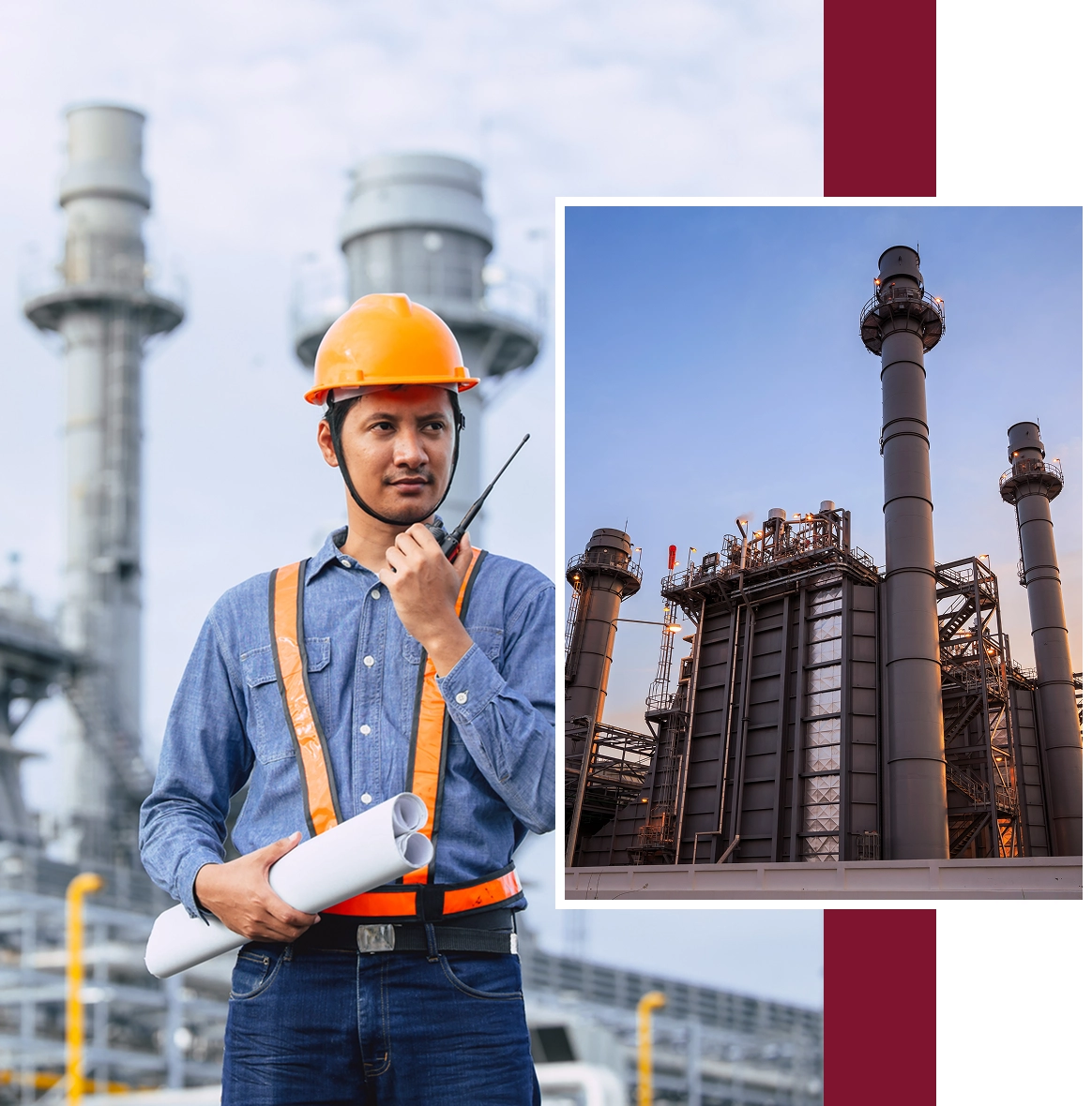 Engineer with hard hat at industrial site.