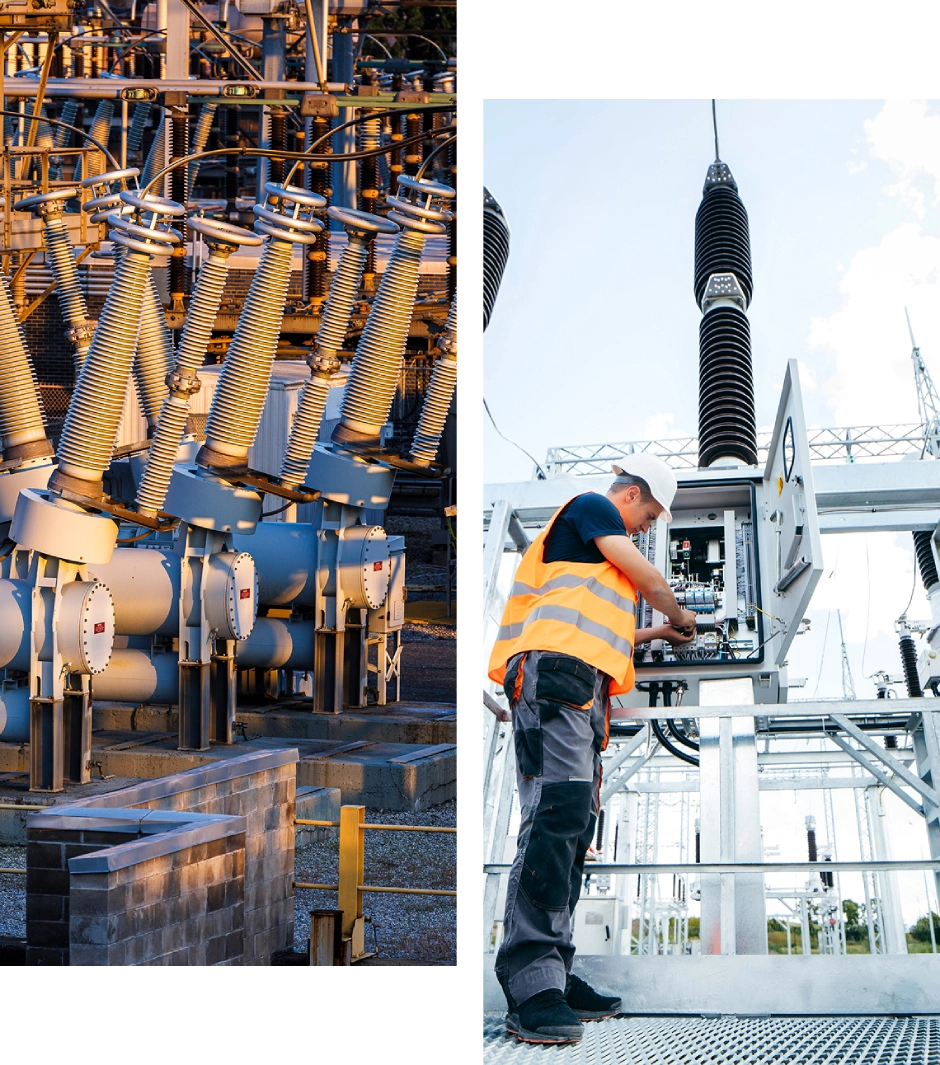 Electrical substation equipment and technician at work.
