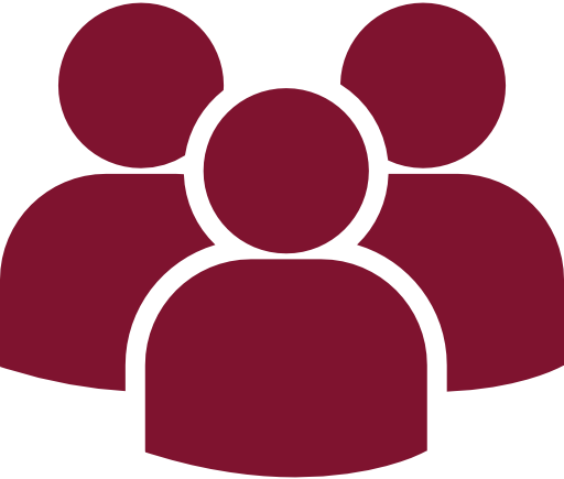 Three maroon silhouette figures grouped together.